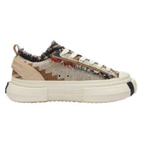Beige Multicolor Frayed Textile Chunky Sneakers, Unisex Low Top Lace Up Shoes
