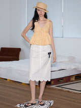 rirri SS25 vacation wear 100% Cotton Textured Floral Blouse with Puffed Lace Trim - Resort Collection