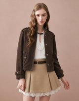 Nova High Neck Silver Button Suede Jacket Dark Brown