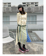 UnsocialNight春夏新作オリジナルデザインかわいいパッチワークドットチェック半スカート