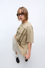 Sound wave artwork damage washing T-shirt (Beige)