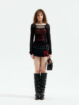 Emoha Black Witch Rock Visual Kei Red and Black Plaid Pleated Skirt