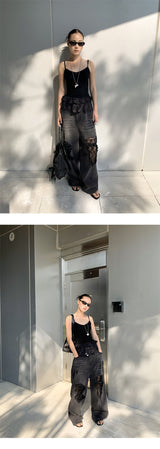 Vintage lace patch black denim pants