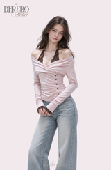 Rosé Lace Halter Neck Long Sleeve T-Shirt