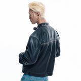 Washed Line Leather Jacket - BLACK