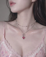 [IDLE Shuhua Necklace] ローズピンクハートプリンセスレイヤードネックレス - シルバーカラー