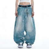 Sun Patch Leopard Balloon Denim Pants - LIGHT BLUE