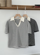 ヘデンオープン襟付きボーダーパフ半袖Tシャツ