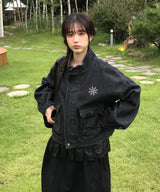 クロッピードフラワーロゴブラックデニムブルゾン