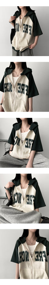 Before Color Raglan Short-Sleeved Hooded Zip-Up