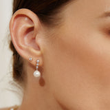 silver tennis bead stone pearl drop stud rhodium plating + 925 silver earrings E065-03H