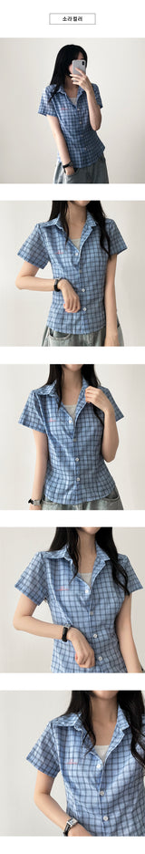 Peaky Pink Heart Embroidered Checkered Short-Sleeved Shirt