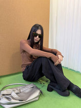 Black high-button-up wide pants