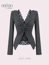 Roy Black Halter Lace Twist Long Sleeve T-shirt