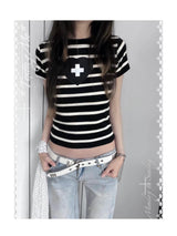 Y2K Heart Cross Striped Tee - Slim Fit Cute Top