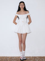 rirri SS25 New Arrival Tie-Detail Floral Contrast Patchwork Slim-Fit Adjustable Waist Slimming Resort White 100% Cotton Dress