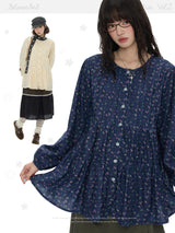 BETWEENAND オータム フローラル ランタンスリーブ ロングシャツワンピース