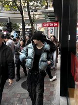 Carrot washed denim embroidered padded coat + black fur