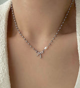 ariバレエコアリボンシリアススチール淡水パールショートチョーカーボールレイヤードネックレス(choose from 2)