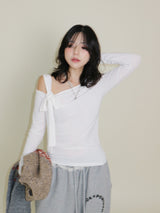 (Napping T-shirt) Euren One Shoulder Ribbon Tie Long-Sleeved Warmer T-Shirt