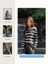 Star Stripe Off-Shoulder Long Sleeve Knitwear