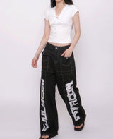 Monster Lettering Stitch Wide Denim Pants
