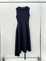 Navy Pleats Wrap Long Sleeveless Dress