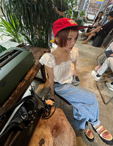 フリルカットアウトショートスリーブド& オフショルダーブラウス