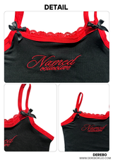 Red bow lettering lace sleeveless t-shirt