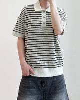 Windy Buckle Stripe Collar Short Sleeve Knit