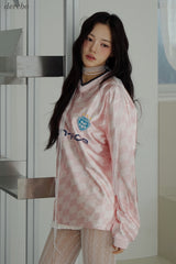satin pink V-neck block core sweatshirt