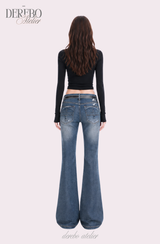 Cross-washed long semi-bootcut denim