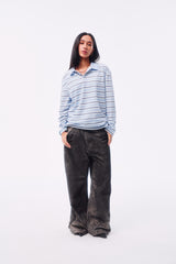 SIGNATURE LOGO SILHOUETTE TOTEM LIGHT BLUE STRIPE CROSS BUTTON POLO LONG SLEEVE