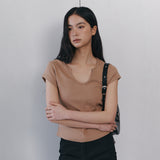 C 90S ラインスリットネック半袖Tシャツ_キャメル