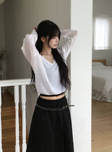 Soring Button See-Through Deep V Knit