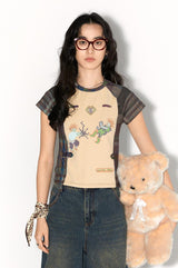 Breathable short-sleeved T-shirt with milk silk checkered patchwork design