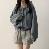 Mile Washing Crop Banding Denim Hooded Zip-Up
