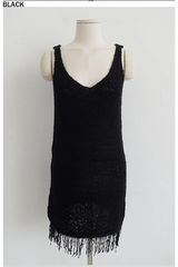 FRINGE-HEM KNIT V-NECK DRESS IN BLACK