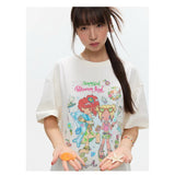 BETWEENAND xsunonebird Summer Loose Printed Top Two Color Pure Cotton Round Neck Short Sleeve T-shirt for Women