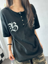 バーシュワッフルヘンリーネックレターグラフィックTシャツ 3カラー