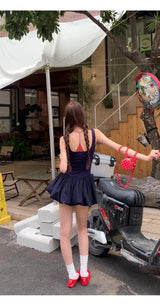 レッドチェックレイヤードネイビーミニドレス