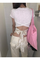 Back scarf bow see-through short sleeve T-shirt