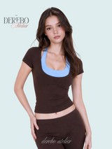 Blue Halter Brown Short-Sleeved T-shirt
