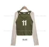 11 Vネックカラーマッチングラグラン長袖Tシャツ