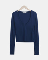 Poin Deep V-Neck Button-Sleeve Long-Sleeve T-Shirt