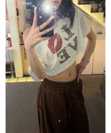 リップオフショルダー半袖Tシャツ(2color)