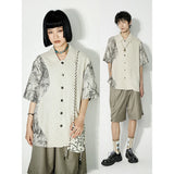 Retro cotton and linen patchwork short-sleeved shirt, summer casual loose fit blouse