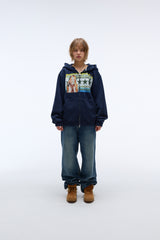 Sound wave artwork damage washing hoodie zip-up (Navy)_1