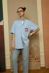 Blue Stripe Pocket short-sleeved Shirt [Unisex]