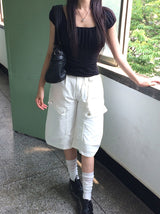 Bogi Shirring Flower Embroidery Slim Short Sleeve T-shirt